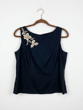 VTG Ann Taylor 100% Silk Lace Applique Shell Top Black Sz 8 Romantic Minimalist